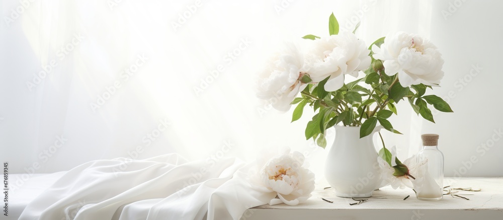 Fototapeta premium Vase with white peony flowers in living room decoration. AI generated image