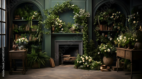 Floristry studio interior with wreath and potted flowers,Generative Ai.
