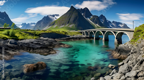 Fredvang bridges panorama. lofoten islands is an archipelago in the county of nordland,Generative Ai. photo