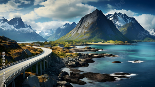 Fredvang bridges panorama. lofoten islands is an archipelago in the county of nordland,Generative Ai. photo