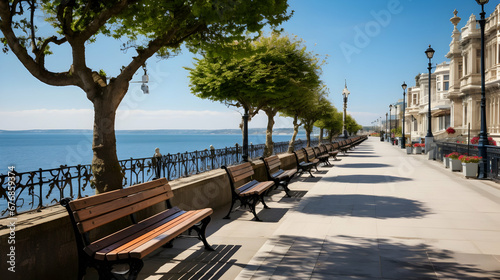 Foz promenade in Porto Portugal on seaside with benches,Generative Ai. photo