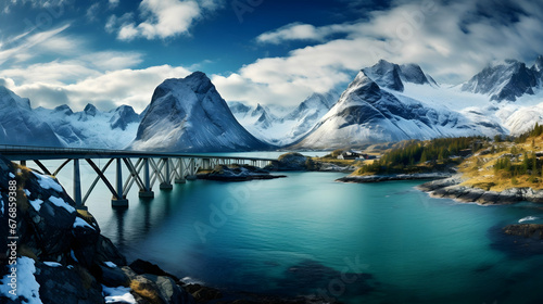 Fredvang bridges panorama. lofoten islands is an archipelago in the county of nordland Generative Ai.