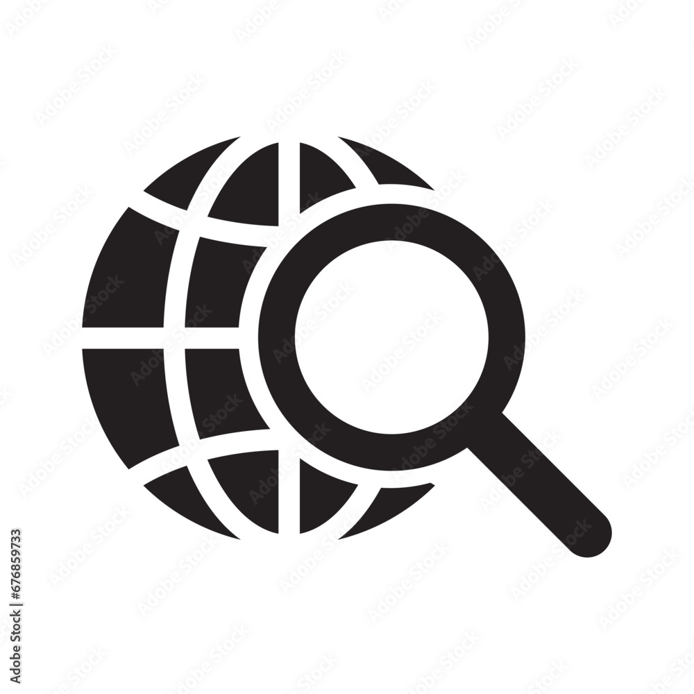 Magnifier and globe icon, search for a place on a map or on the globe icon. The icon of the magnifying glass and planet Earth. Magnifier and globe icon, search for a place on a map or on the globe icon. The icon of the magnifying glass and planet Earth.