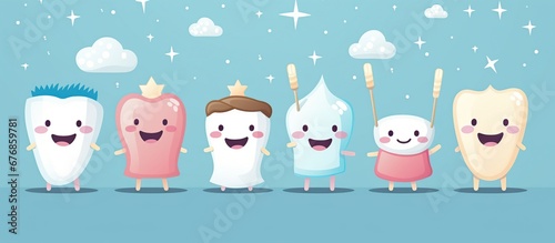 3D rendering group of happy cute tooth character on blue background. AI generated image