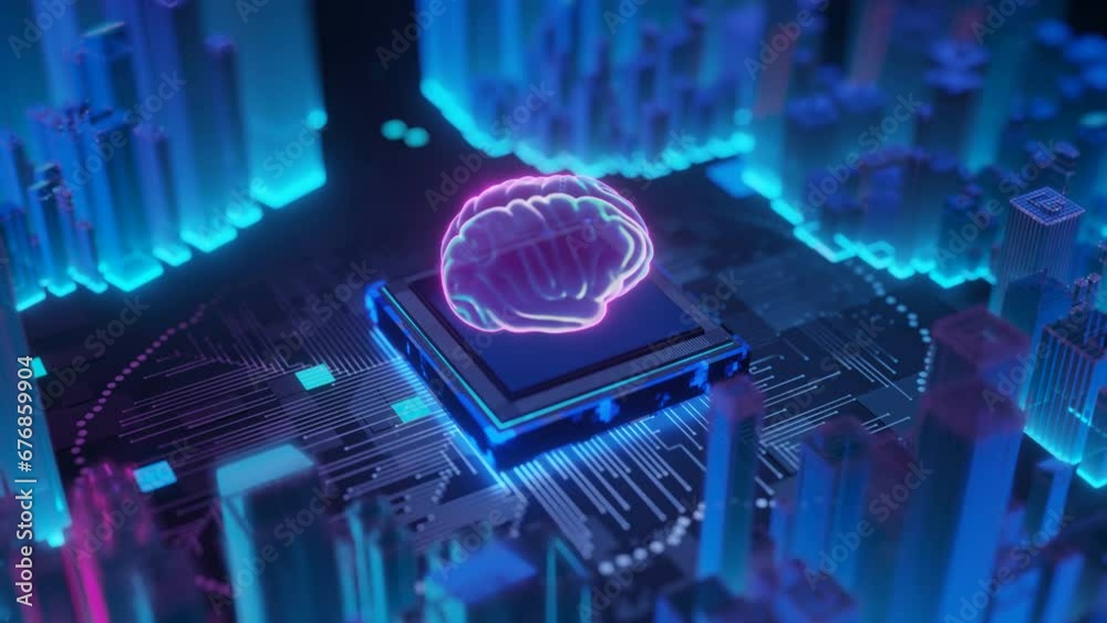 AI Concept: Illuminated CPU Initiates Digitalization on Blue Motherboard with Holographic Brain. AI Concept: Illuminated CPU Initiates Digitalization on Blue Motherboard with Holographic Brain.