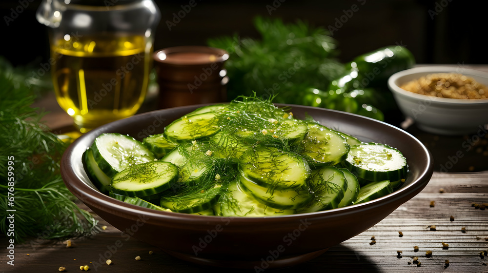 Fresh green cucumbers and dill salad bowl with olive oil,Generative Ai. Fresh green cucumbers and dill salad bowl with olive oil,Generative Ai.