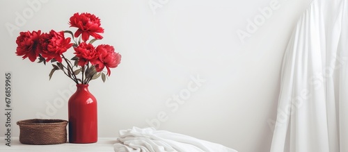 Fototapeta Naklejka Na Ścianę i Meble -  Vase with red peony flowers in living room decoration. AI generated image