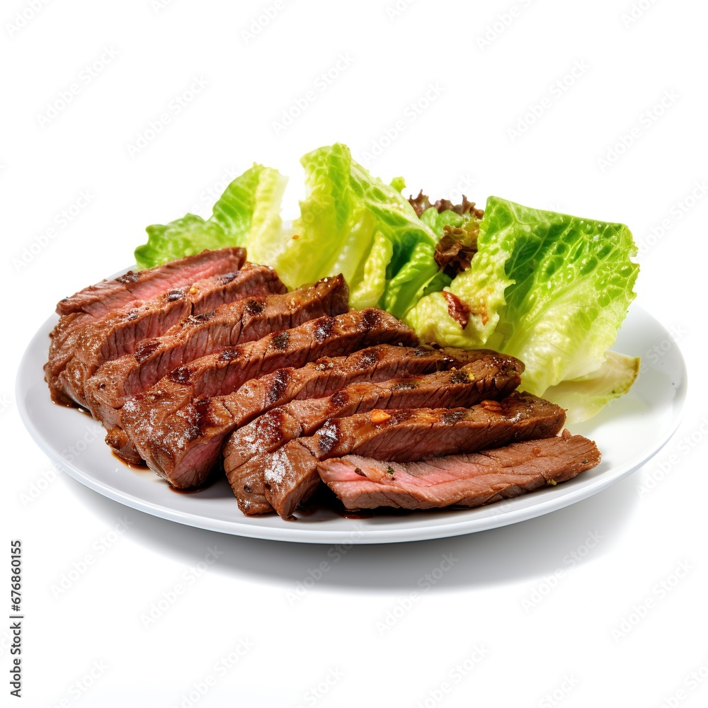 Delicious grilled beef steak with lettuce on white plate. AI generated image