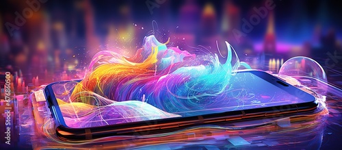 Colorful hologram mobile phone style background. AI generated image