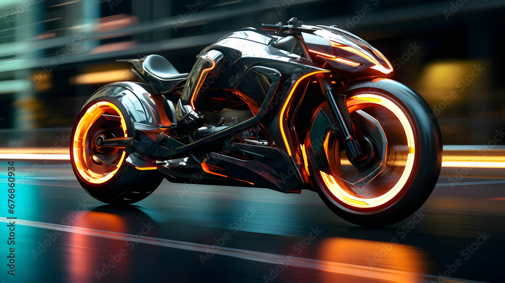 Futuristic light cycle on display. Motorcycle is displayed with a futuristic urban background,Generative Ai.