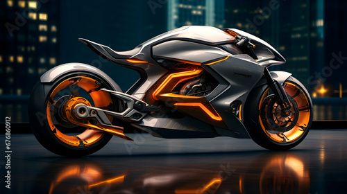 Futuristic light cycle on display. Motorcycle is displayed with a futuristic urban background,Generative Ai.