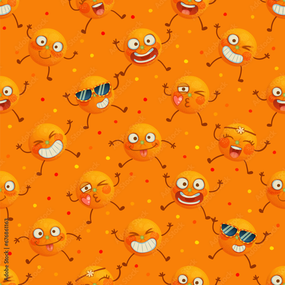 Funny oranges seamless vector pattern, cute orange characters cartoon illustration, happy smiling fruits enjoy the summer party design