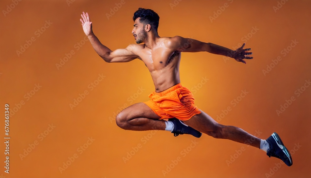 Obraz premium Athletic man jumping in dynamic pose, dance, wearing orange shirt and pants, yellow background, studio portrait