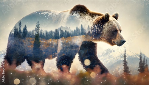 A grizzly bear and the Pacific Northwest, double exposure style photography © Marko