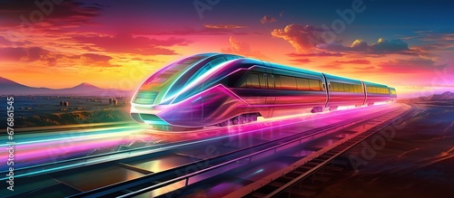 Colorful holographic High-speed train on dark background. AI generated image photo