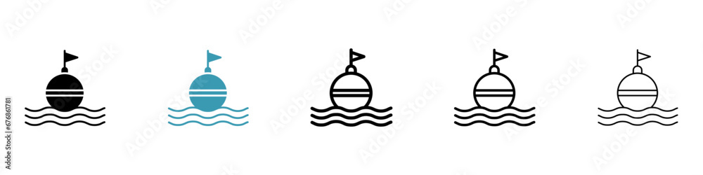 Sea water safety buoy vector illustration set. Buoy icon in black and white color. - obrazy, fototapety, plakaty 