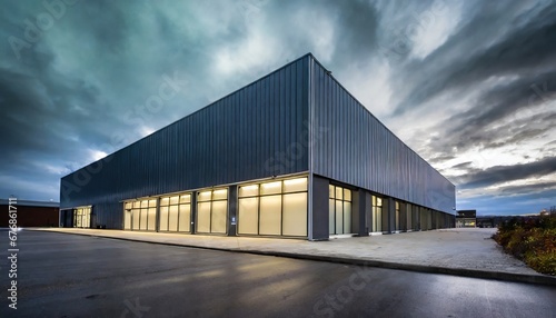 Modern sleek warehouse office building facility exterior architecture, steel, night, cloudy, overcast