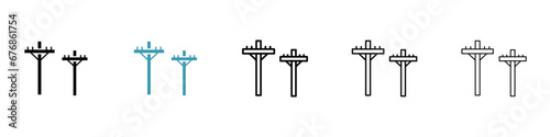 Electricity electric tower vector illustration set. Power pole icon in black color.