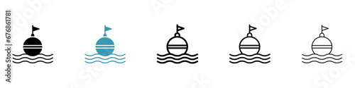 Sea water safety buoy vector illustration set. Buoy icon in black and white color.
