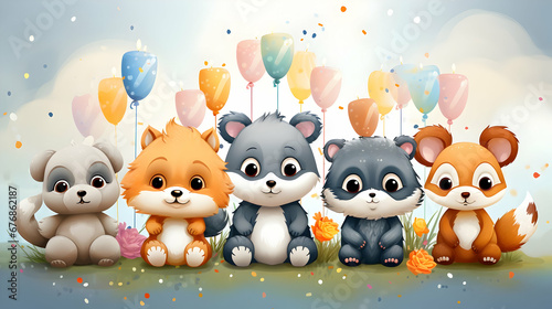 Happy birthday background with cartoon animals character generated Ai.