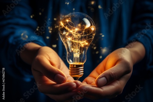 Creative idea generation with electric light bulb in hand on abstract infographics background