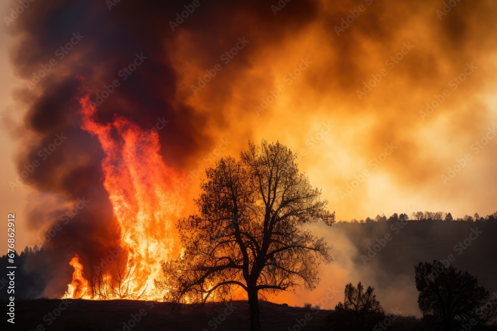 Fototapeta premium Raging pine tree fire across the hill