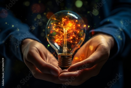 Creative brainstorming with electric bulb and infographics background for innovative solutions.