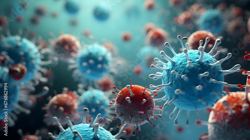 Human pathogenic virus and bacterias under microscope,generated Ai. © photo