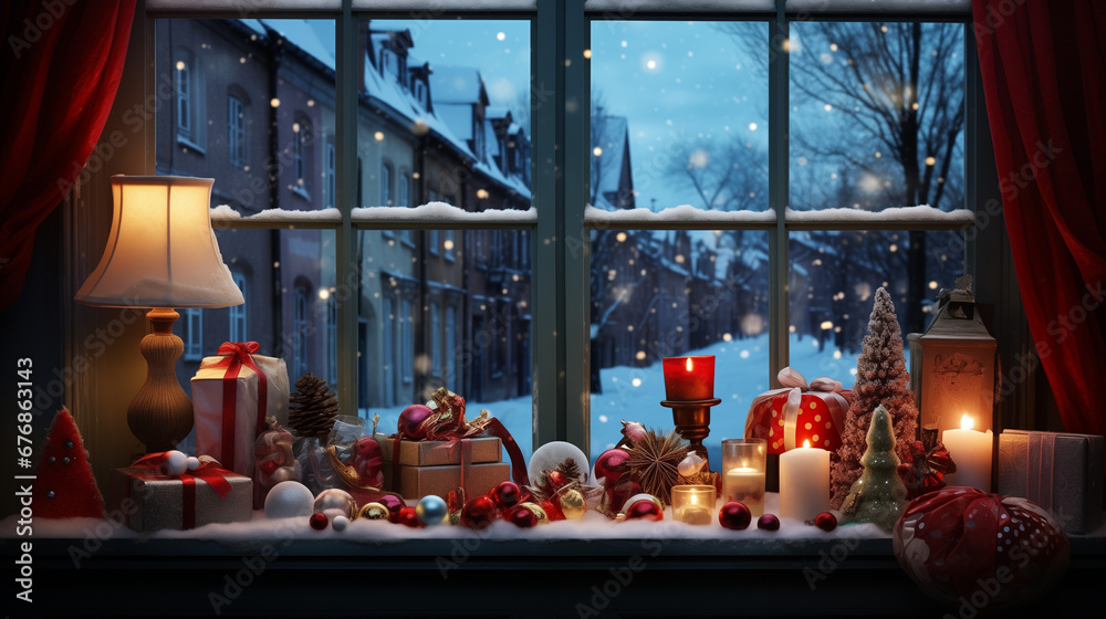 New Year's Gifts and Candle on Winter Window Sill