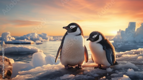 Two penguins standing on a snowy rock  under a colorful sunset.