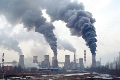 industrial chimneys heavy smoke air pollution
