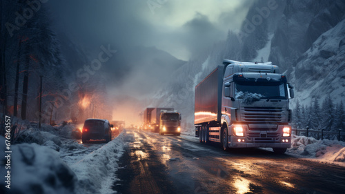 Winter truck and car drives on a road through cloudy landscapes in a snowstorm