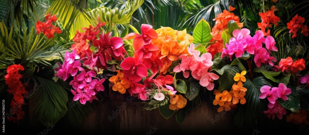 In the background of a vibrant summer garden the colorful flowers of spring enhanced the beauty of nature with their stunning red pink and tropical hues while the lush green leaves added a t In the background of a vibrant summer garden the colorful flowers of spring enhanced the beauty of nature with their stunning red pink and tropical hues while the lush green leaves added a t