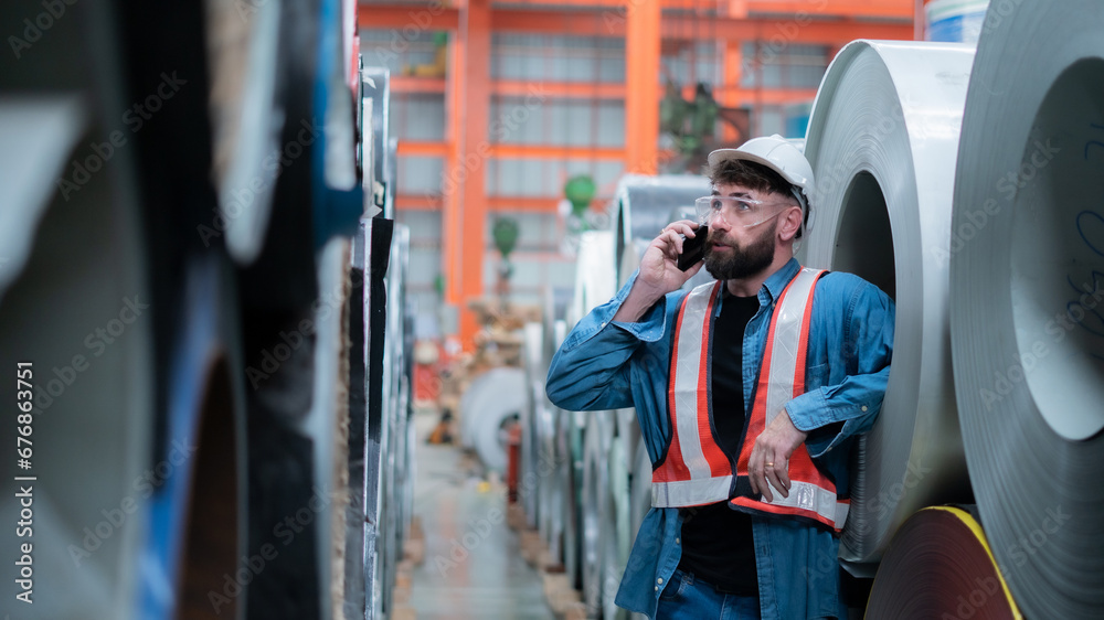 Male engineer or worker using smartphone in factory, warehouse