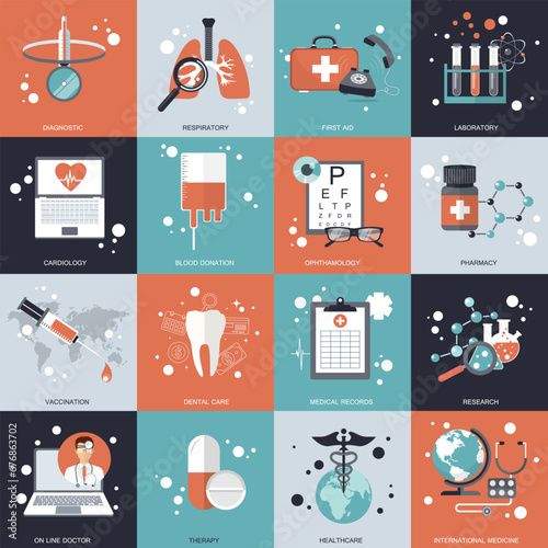Health care and medicine icon set. Flat vector illustration.