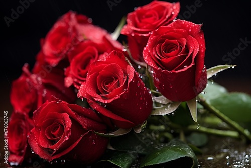 Beautiful red roses bouquet with a drops of water on petals. AI generative