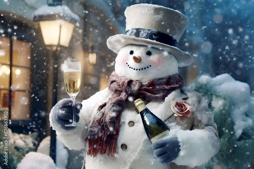 Elegant snowman in hat wishes Happy New Year and offers to drink champagne. Invitation to party, restaurant photo