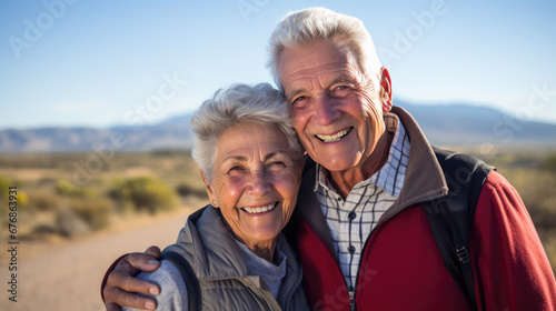 Elderly couple with joyful smiles, taking a selfie while hiking outdoors, equipped with backpacks, hats, and sunglasses, amidst a lush green forest backdrop. © MP Studio
