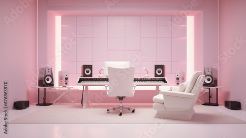 Minimalistic modern sound room design. 3d render illustration style. Interior of professional music recording room. 