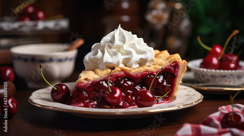 Delicious triangular slice of cherry pie with shortbread dough and whipped cream custard. A berry dessert portion with caramelized cherry berries. photo