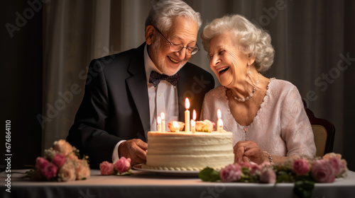 An elderly couple shares a loving and joyous moment beside a candlelit cake, surrounded by soft and a bouquet of roses.