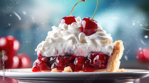 Fotografia Delicious triangular slice of cherry pie with shortbread dough and whipped cream custard