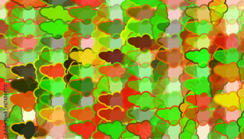 A wild pattern of transparent clouds in many shades of green and red.