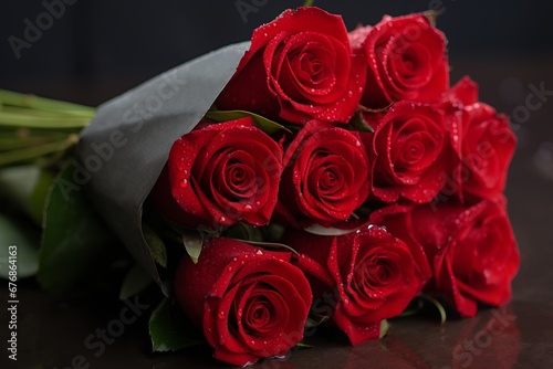 Beautiful red roses bouquet with a drops of water on petals. AI generative