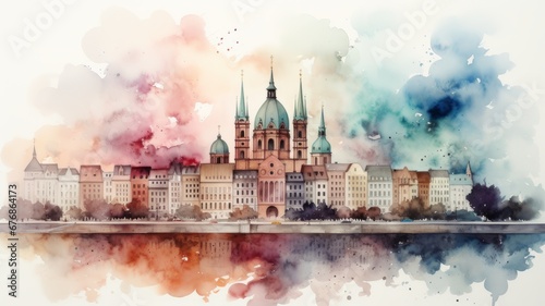 An illustration of Cologne's old town in colorful watercolors, isolated on a white background