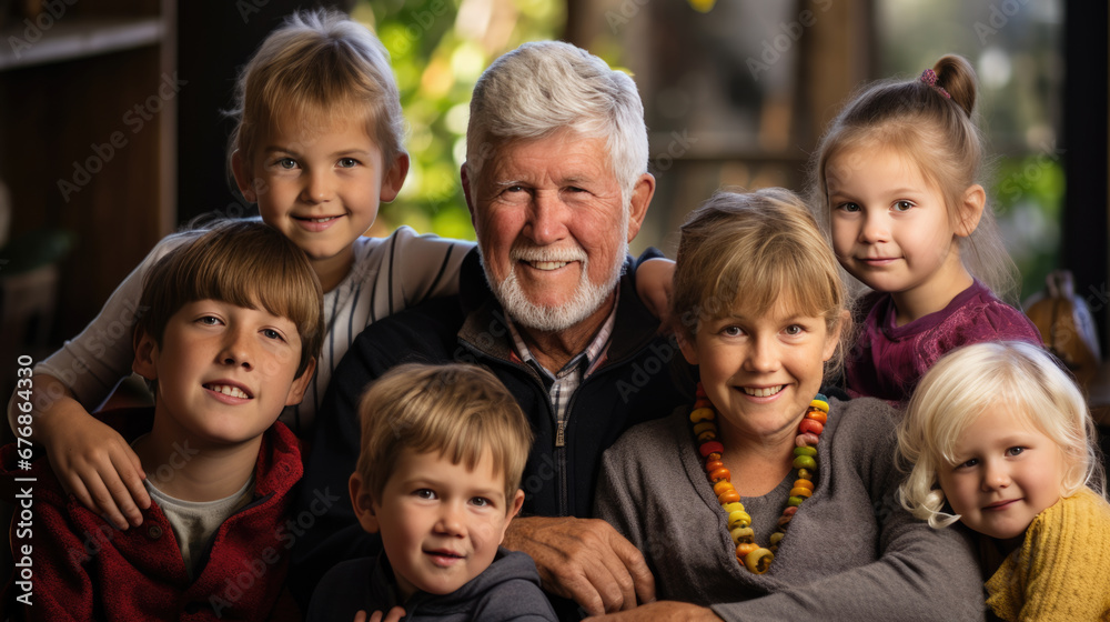 Elderly gentleman is sitting on a sofa with four young children, likely his grandchildren, all smiling and posing for a family portrait in a cozy home setting.