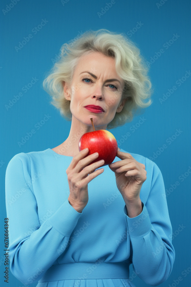 Radiant Elderly Lady Smiles, Holding an Apple Against a Blue Backdrop, AI generated Radiant Elderly Lady Smiles, Holding an Apple Against a Blue Backdrop, AI generated