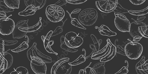 Black background of fruits and vegetables. Healthy natural food. Apple, lemon, banana, pepper. Vegan food. Vector illustration.