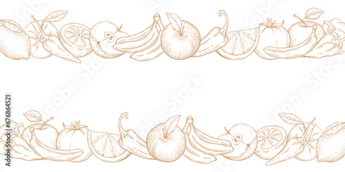 Background of drawn fruits and vegetables. Apple, lemon, banana, pepper. Vegan food. Vector illustration.