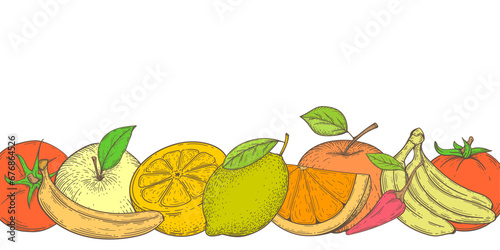 Fototapeta Naklejka Na Ścianę i Meble -  Multi-colored bright vegetables and fruits. Drawing Apple, lemon, banana, pepper Vector illustration. Vegan food.